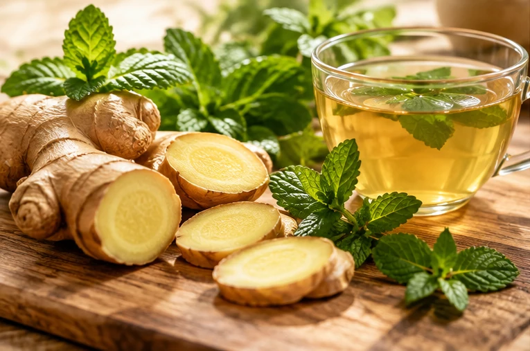 AI-generated editorial tea scene representing Digestion & herbs