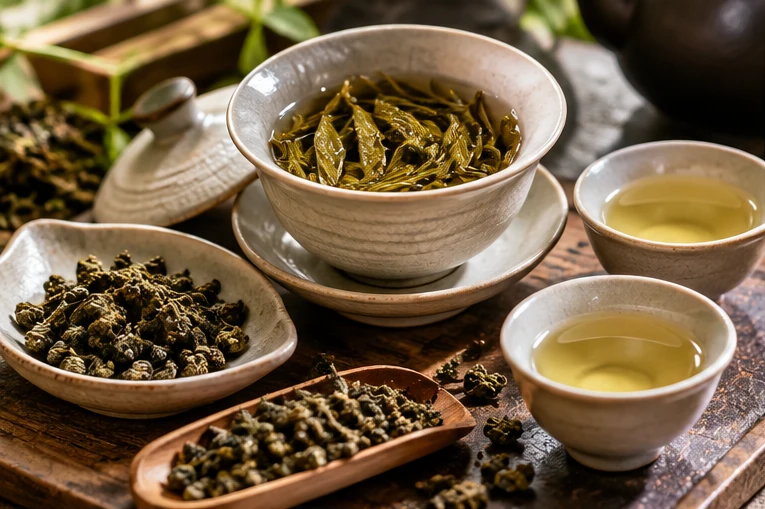AI-generated editorial photograph of green tea leaves and brewed tea
