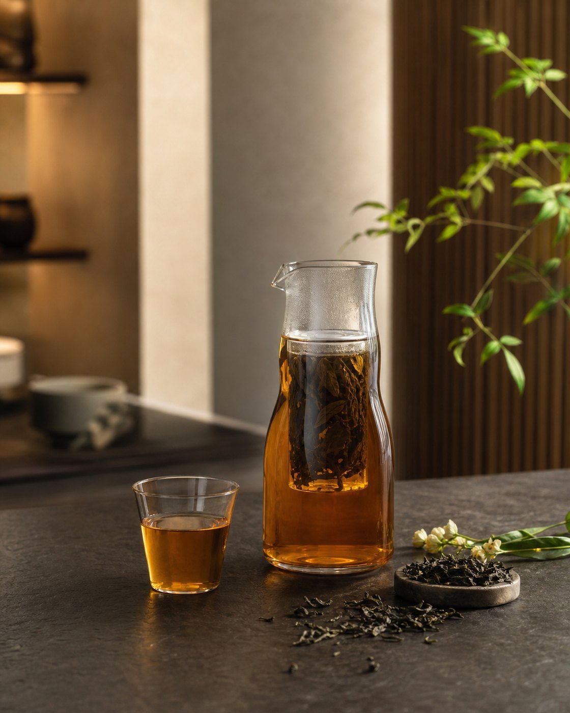 Amber whole-leaf tea steeping in a clear glass carafe beside a tasting glass